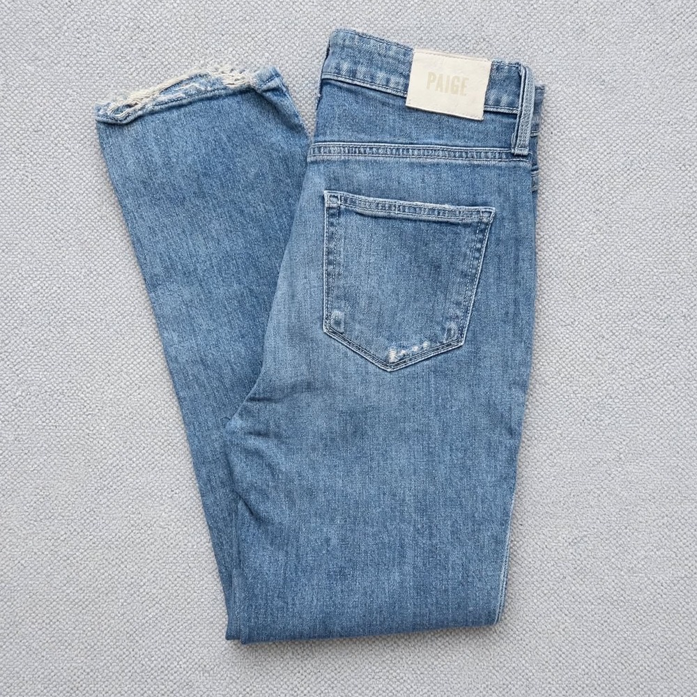 PAIGE Stella High Rise Straight Leg Jeans Womens 27 Light Wash Distressed Knee
